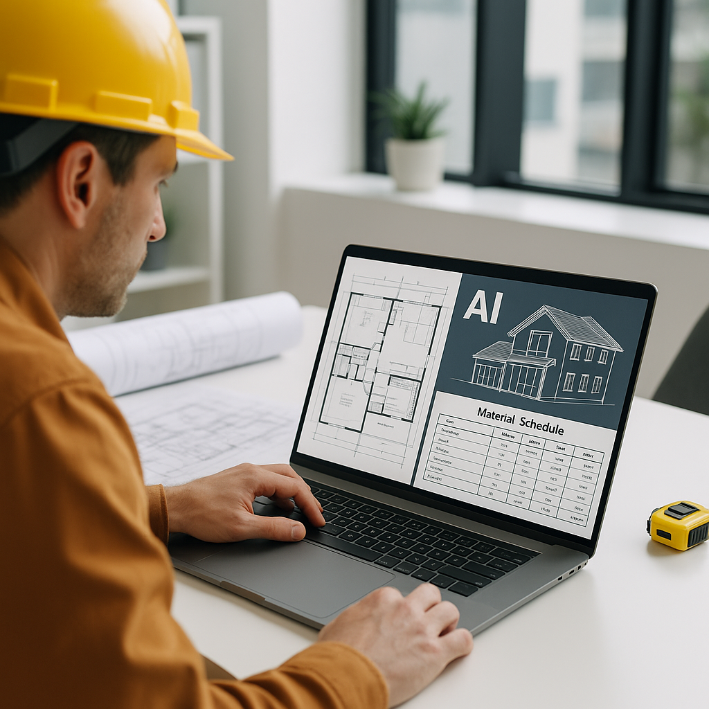 A construction estimator using AI software on a laptop, with building plans and material schedules visible on the screen...