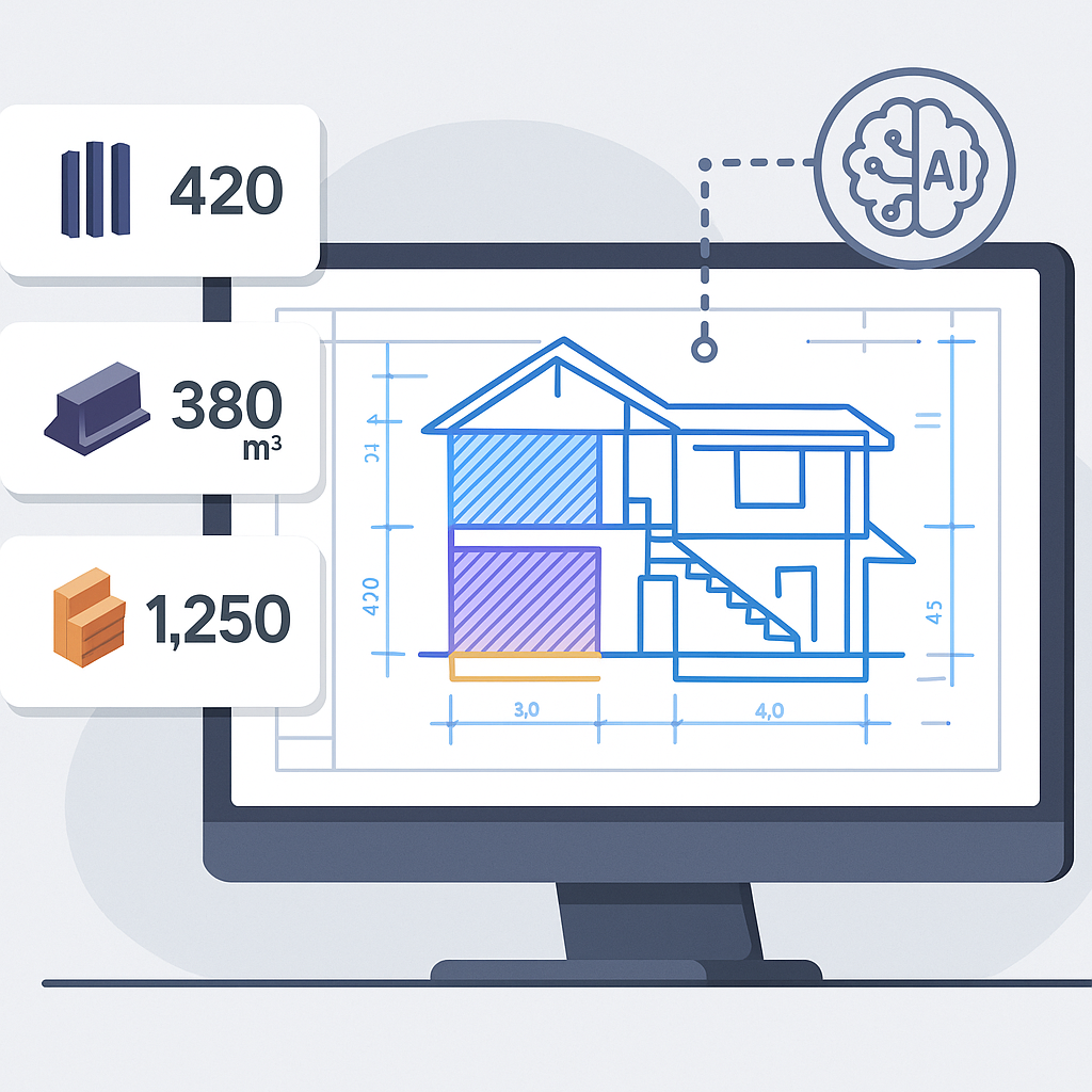 An AI-powered construction takeoff tool scanning digital blueprints on a computer screen with highlighted quantities for...
