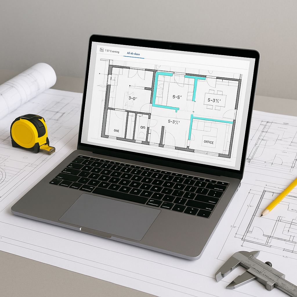 A construction estimator's desk with a laptop showing AI-powered software analyzing a PDF drawing, surrounded by physica...