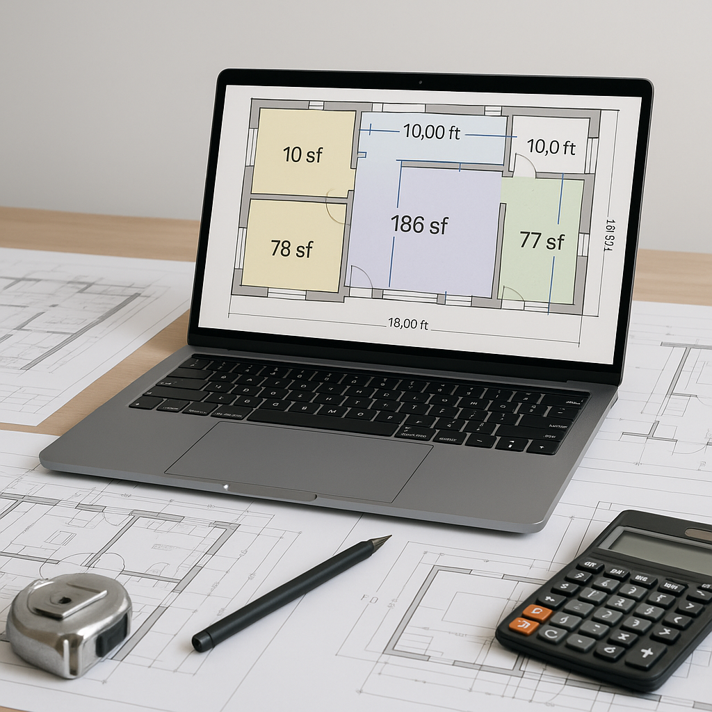 A construction estimator's desk with drawings, a laptop showing AI-powered takeoff software, and annotated quantities li...