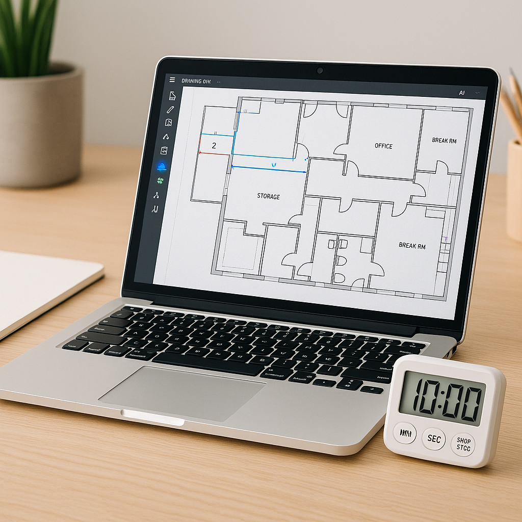 A construction estimator's desk with a laptop displaying a PDF drawing and AI-powered takeoff software; a stopwatch show...