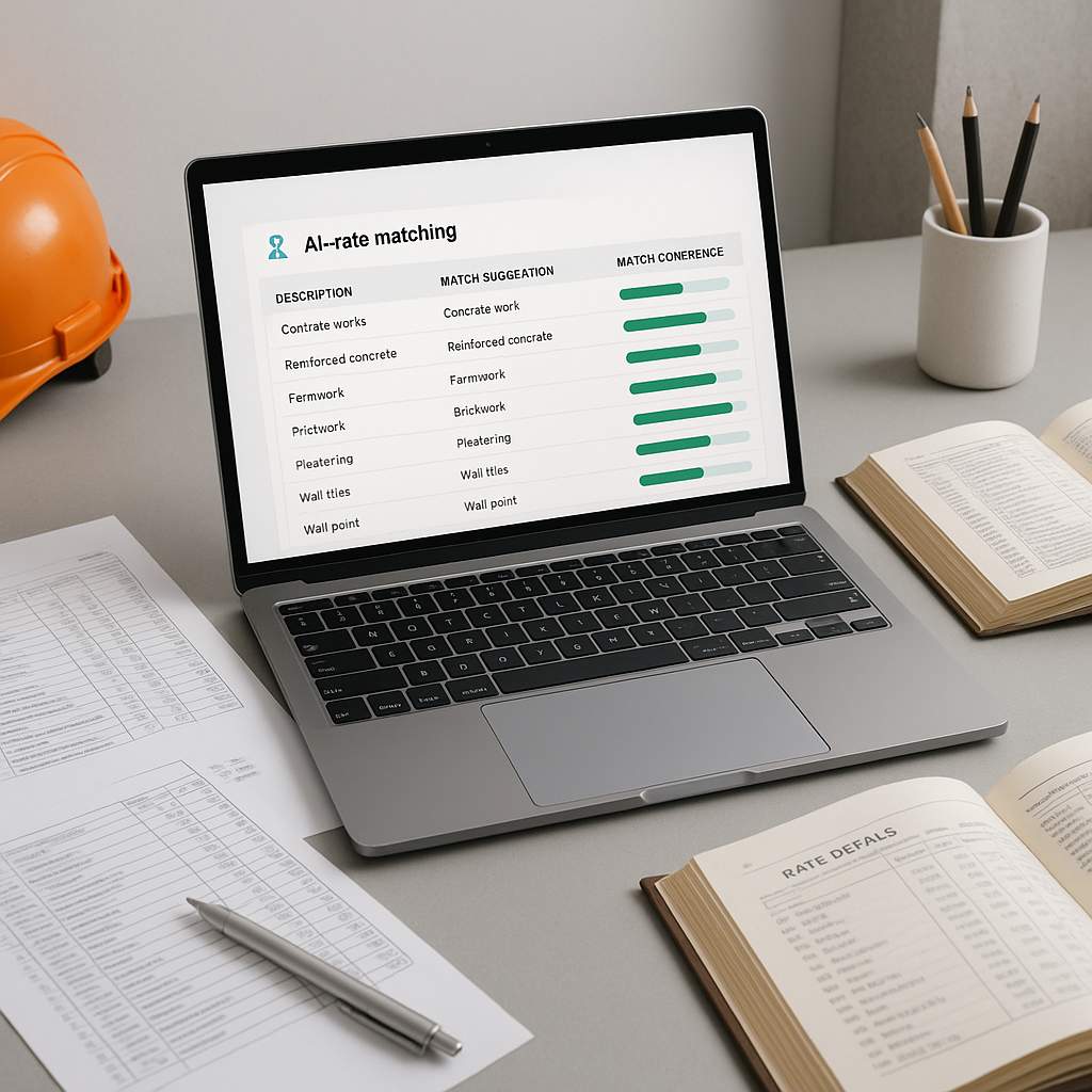 A modern construction estimator's desk featuring a laptop showing an AI-powered rate matching tool, surrounded by paper...