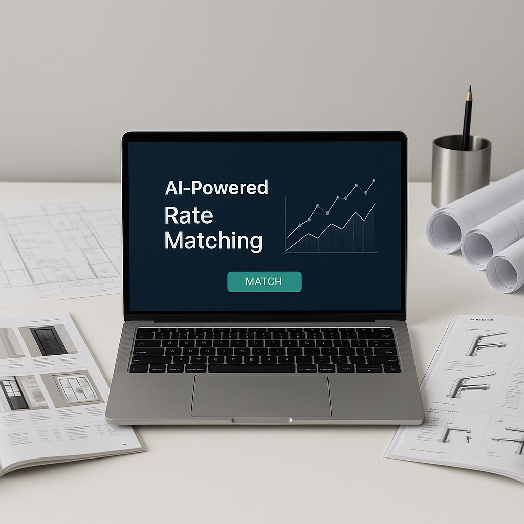 A modern construction estimator's desk with a laptop displaying an AI-powered rate matching screen, surrounded by open c...