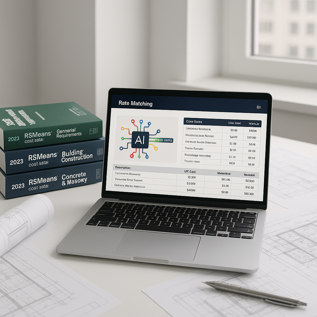 A construction estimator's desk with a laptop showing AI-powered rate matching software, surrounded by RSMeans books and...