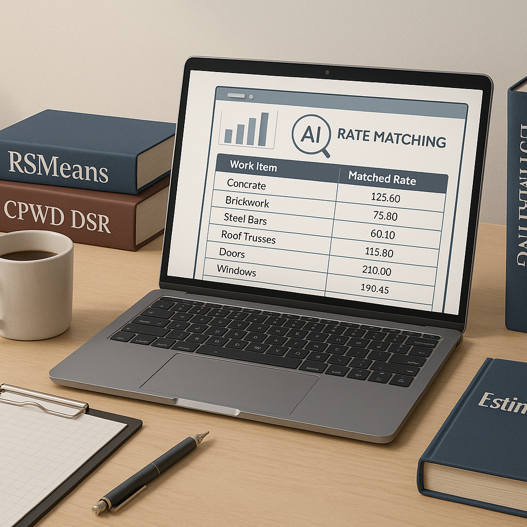A realistic illustration of a construction estimator’s desk with a laptop displaying AI-powered rate matching software,...