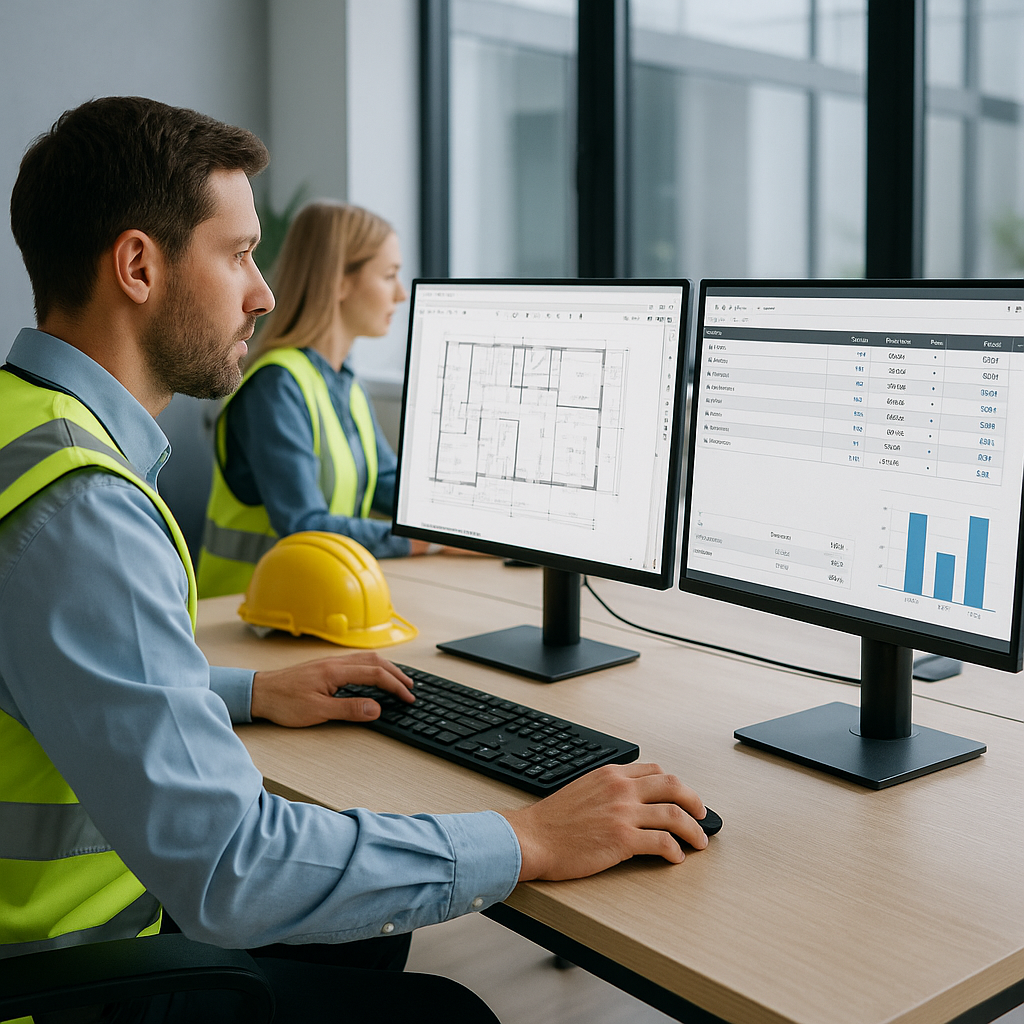 An office setting with construction estimators using AI software on dual monitors, showing a PDF drawing with quantities...