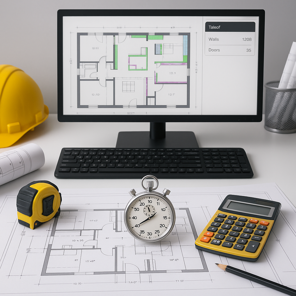 A detailed construction estimator's desk with blueprints, a computer displaying AI-powered takeoff results, and a stopwa...