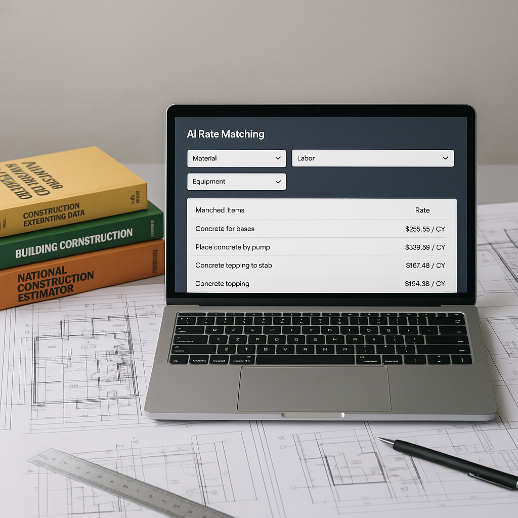 A construction estimator's desk with a laptop showing an AI-powered rate matching tool, surrounded by physical rate book...