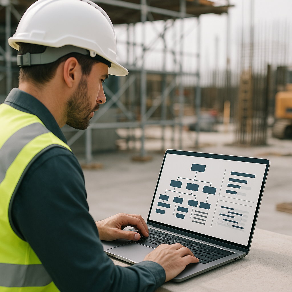 A construction project manager reviewing a detailed WBS on a laptop, with charts and hierarchies visible, set against a...