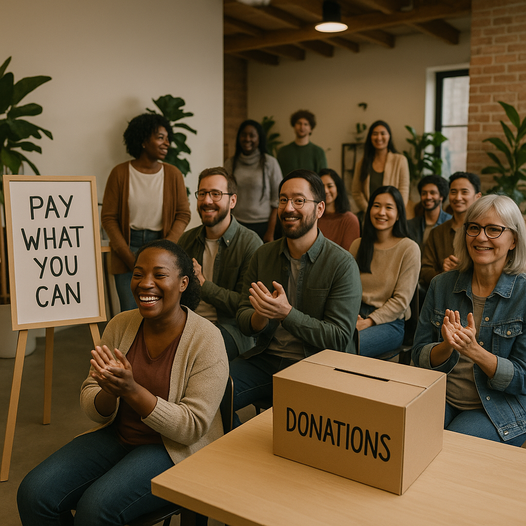 An image of a community event with diverse attendees, a donation box, and a clear sign for 'Pay What You Can' ticketing,...