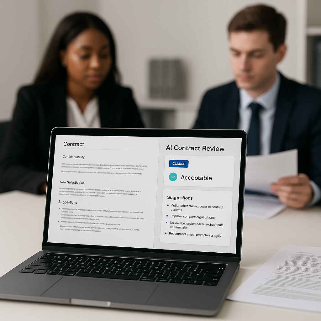 An AI-powered contract review interface on a laptop, with legal documents and junior lawyers in the background, symboliz...