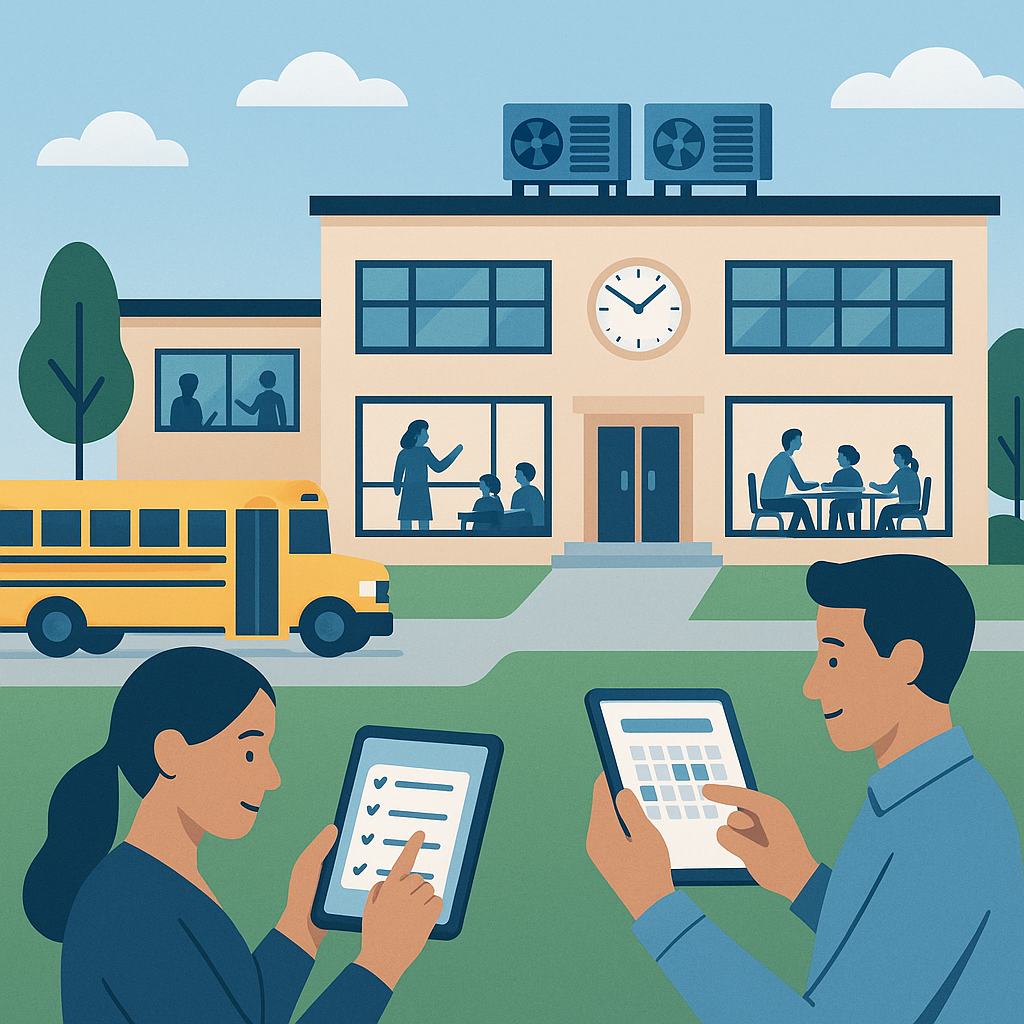 A school campus illustration showing buses, classrooms, HVAC units, and teachers using tablets to manage maintenance sch...
