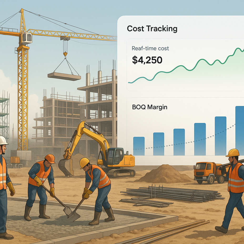 A realistic illustration of a construction site with workers, equipment, and a digital dashboard overlay showing real-ti...