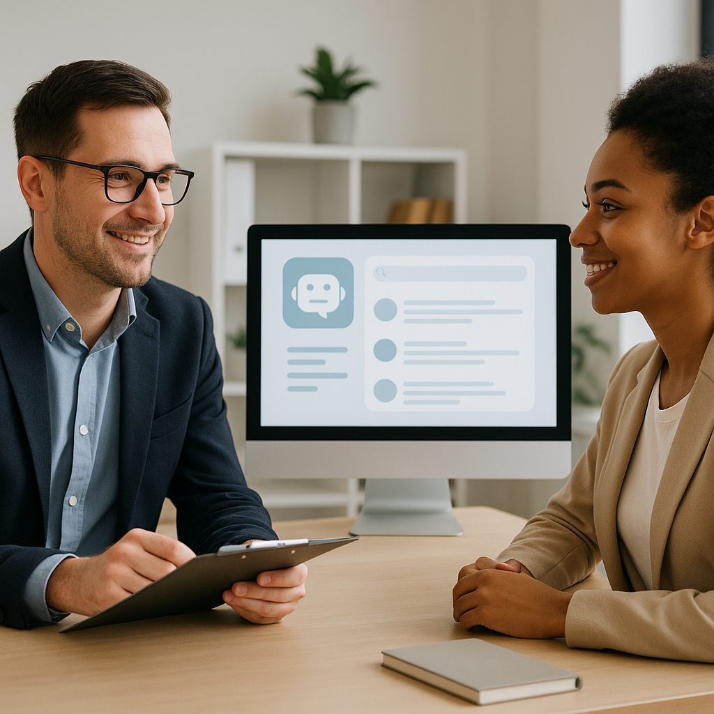 A recruiter and candidate sitting across a desk, with an AI interface subtly visible on a computer screen. The scene is...