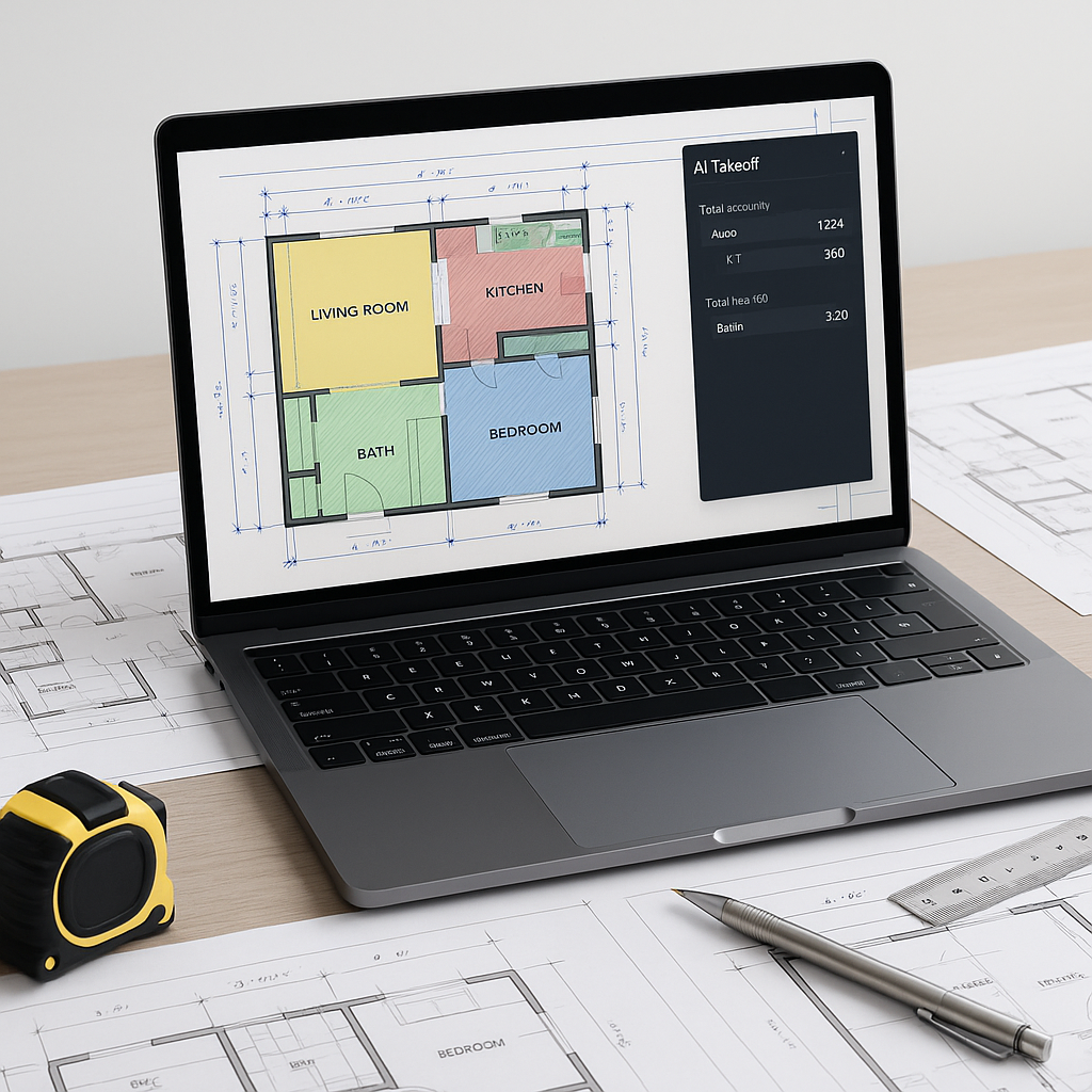 An estimator's desk showing a laptop screen with AI-powered construction takeoff software processing a PDF drawing set....