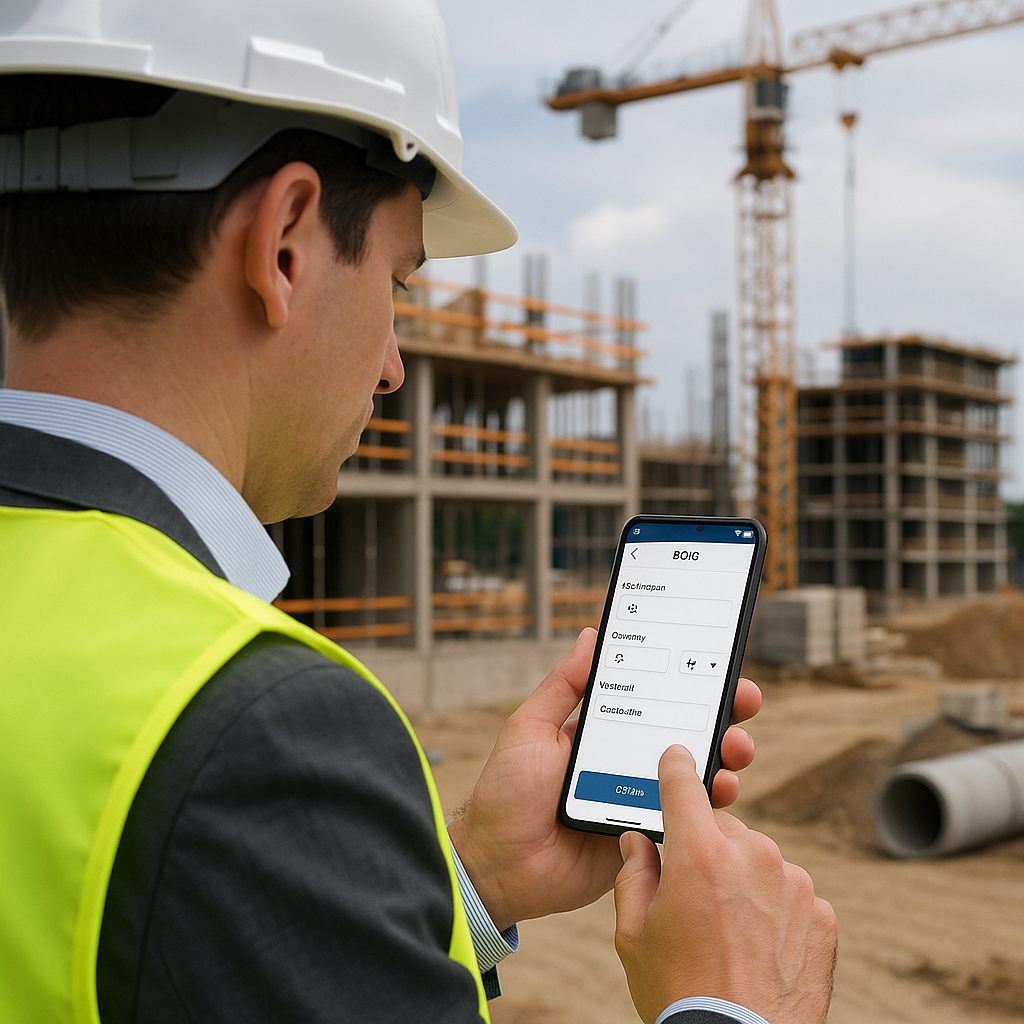 A construction site with a tender manager using a mobile app to create a BOQ in real-time, with clear focus on the devic...
