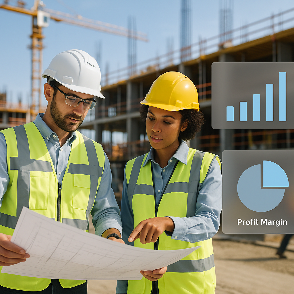 A busy construction site with contractors reviewing blueprints surrounded by charts showing costs and profit margins.