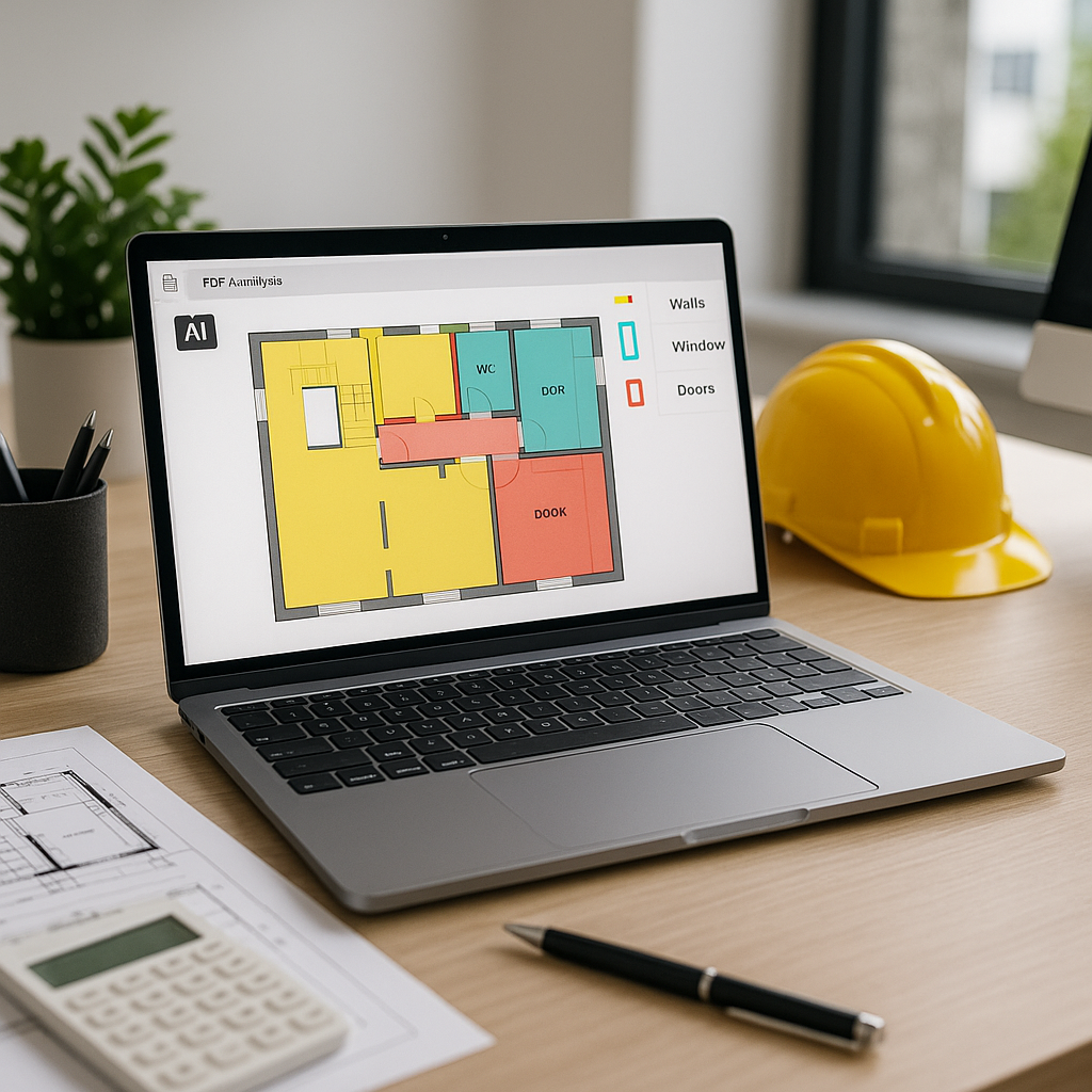 A professional construction estimator's desktop showing an AI tool analyzing PDF drawings, with highlighted areas for wa...