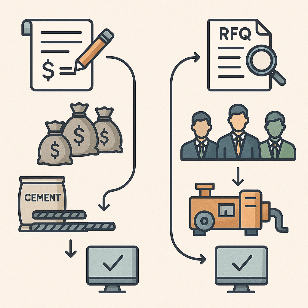 A detailed illustration showing two procurement workflows side by side: one for rate contracts with bulk materials like...