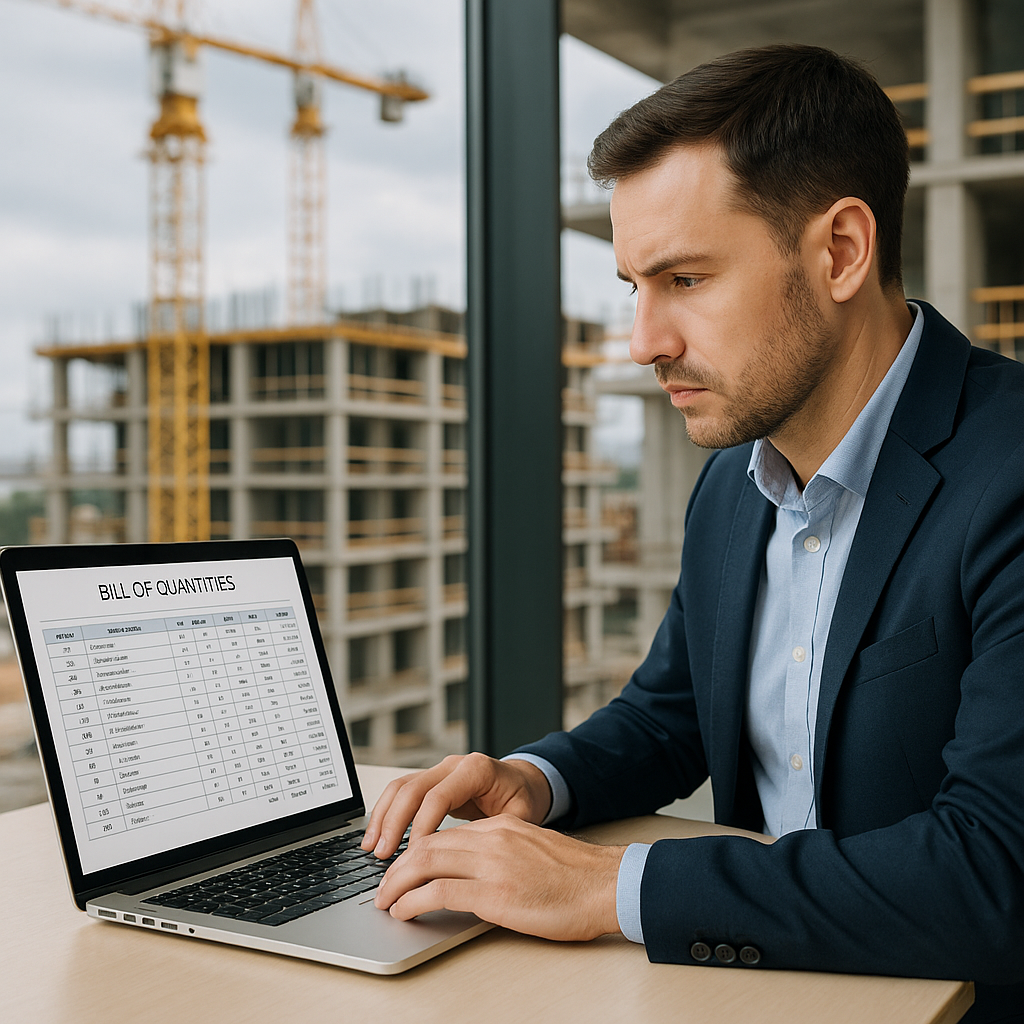 A professional cost engineer analyzing a detailed BOQ on a laptop with a construction site in the background, reflecting...