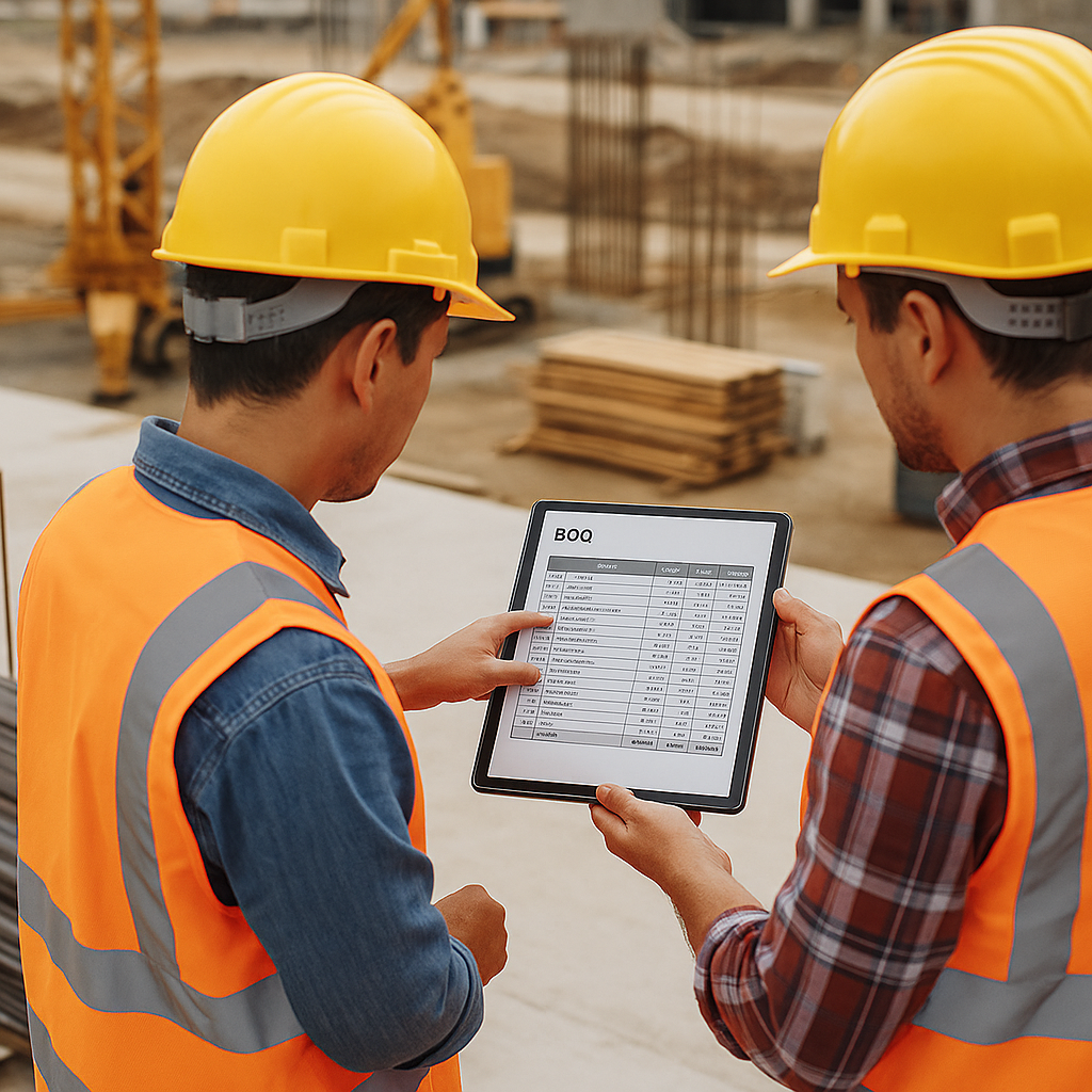A construction site with workers reviewing a detailed BOQ document on a tablet, surrounded by materials and machinery.