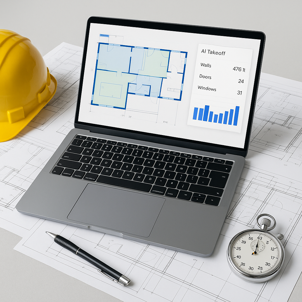 A construction estimator's desk with blueprints, a laptop showing an AI takeoff tool, and a stopwatch illustrating time...