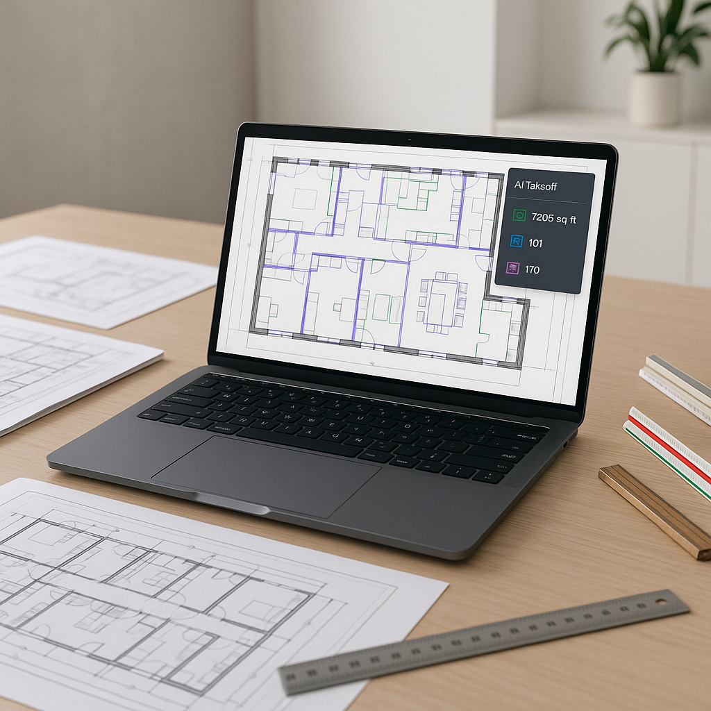An estimator's desk with a laptop showing an AI-powered takeoff tool analyzing a detailed building drawing, surrounded b...
