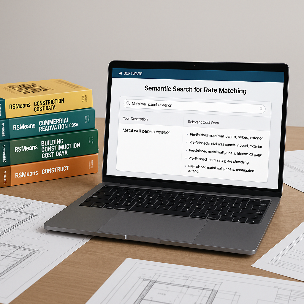 A construction estimator's desk with a laptop running AI-powered software, showing a semantic search interface for rate...