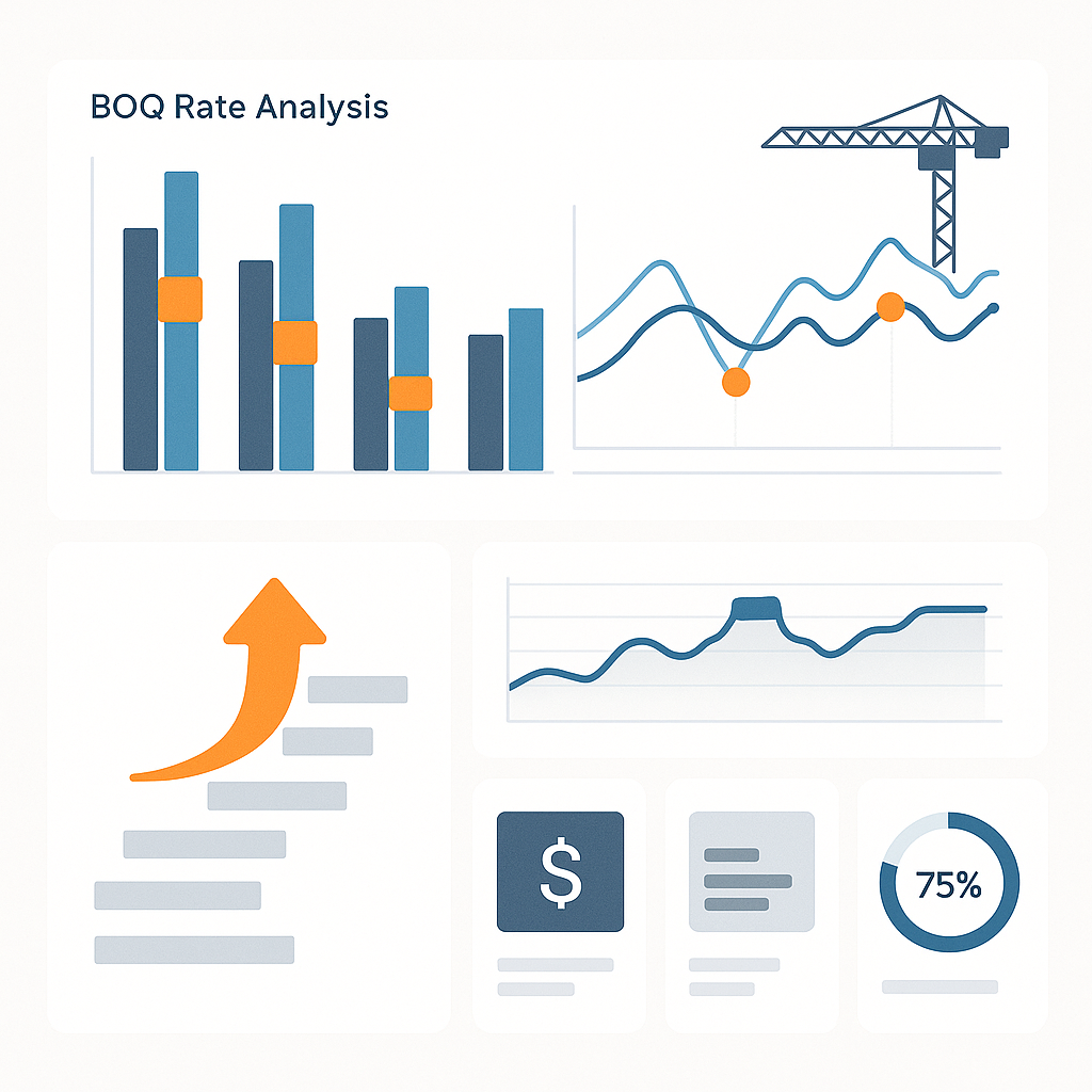 A construction project dashboard displaying BOQ rate analysis graphs with highlighted variances and cost tracking metric...