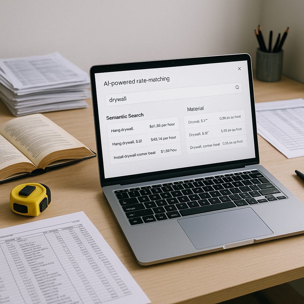 A modern construction estimator's desk with a laptop running AI-powered rate matching software. The screen shows a seman...