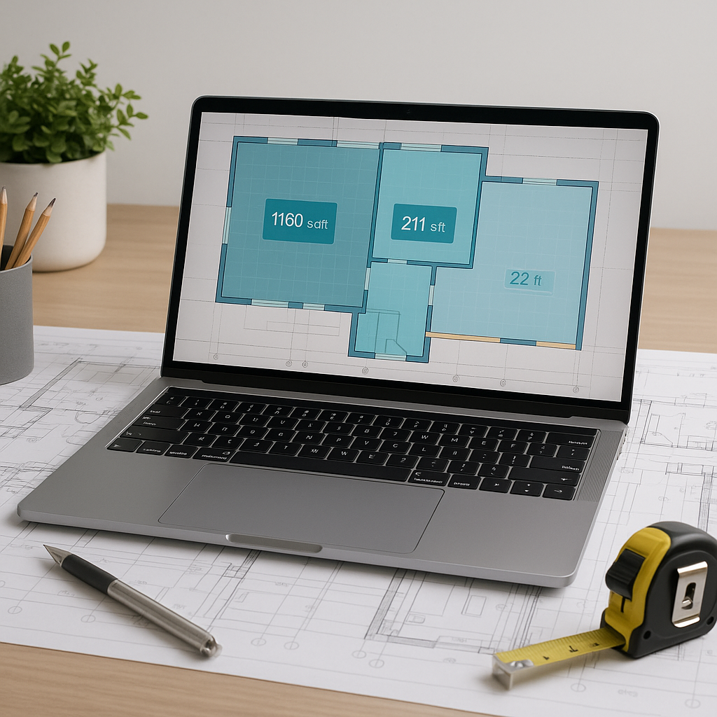 A modern construction estimator's desk with blueprints, a laptop running AI-powered takeoff software, and a digital over...