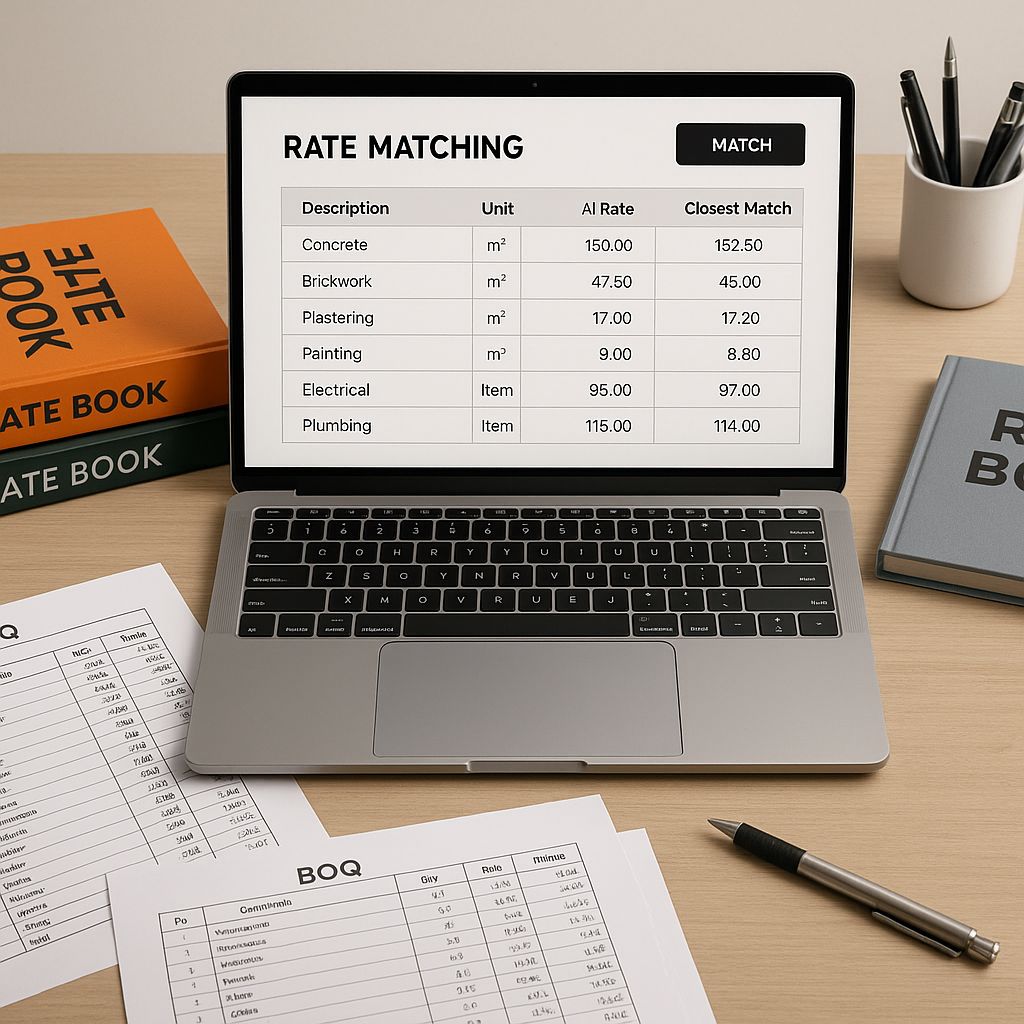 A construction estimator’s desk with a laptop showing AI-powered rate matching software, surrounded by rate books and BO...