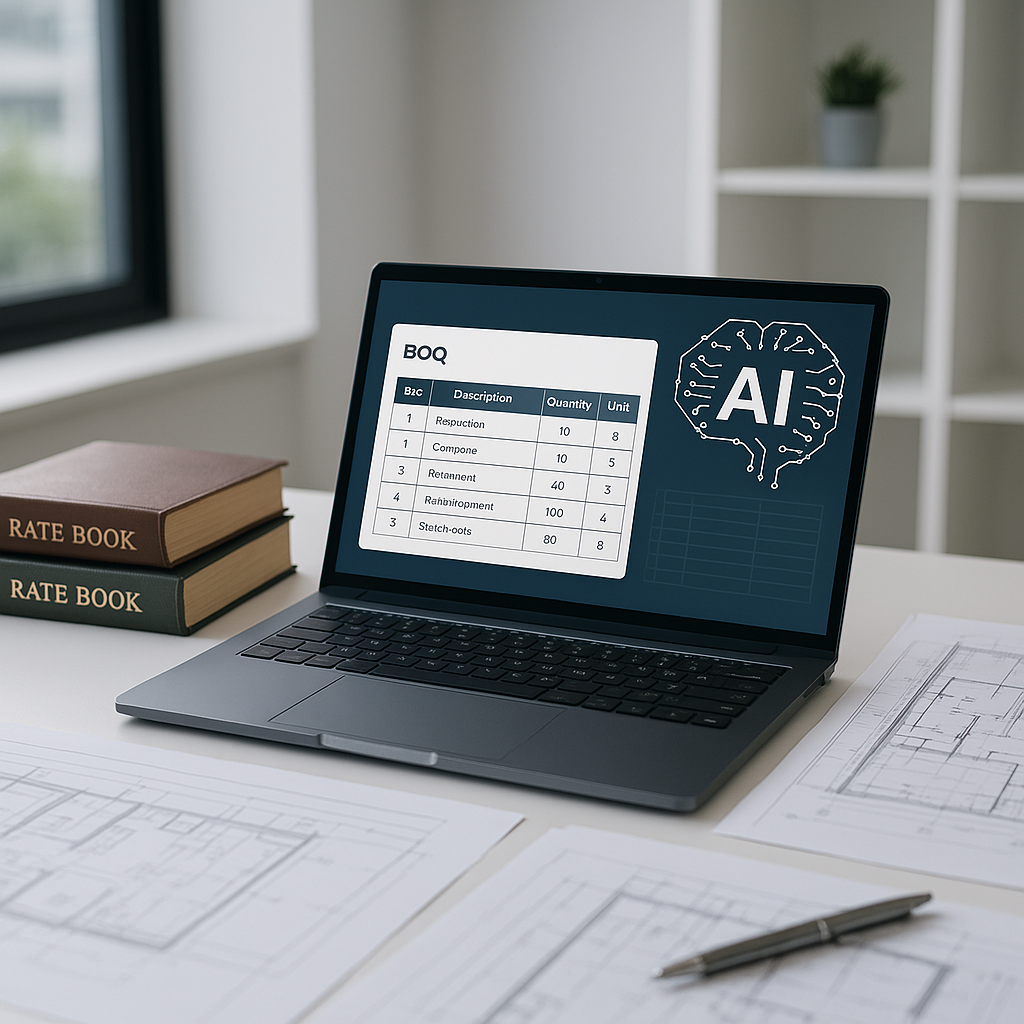An estimator's desk with a laptop showing AI software parsing a BOQ, alongside printed rate books and blueprints, in a m...