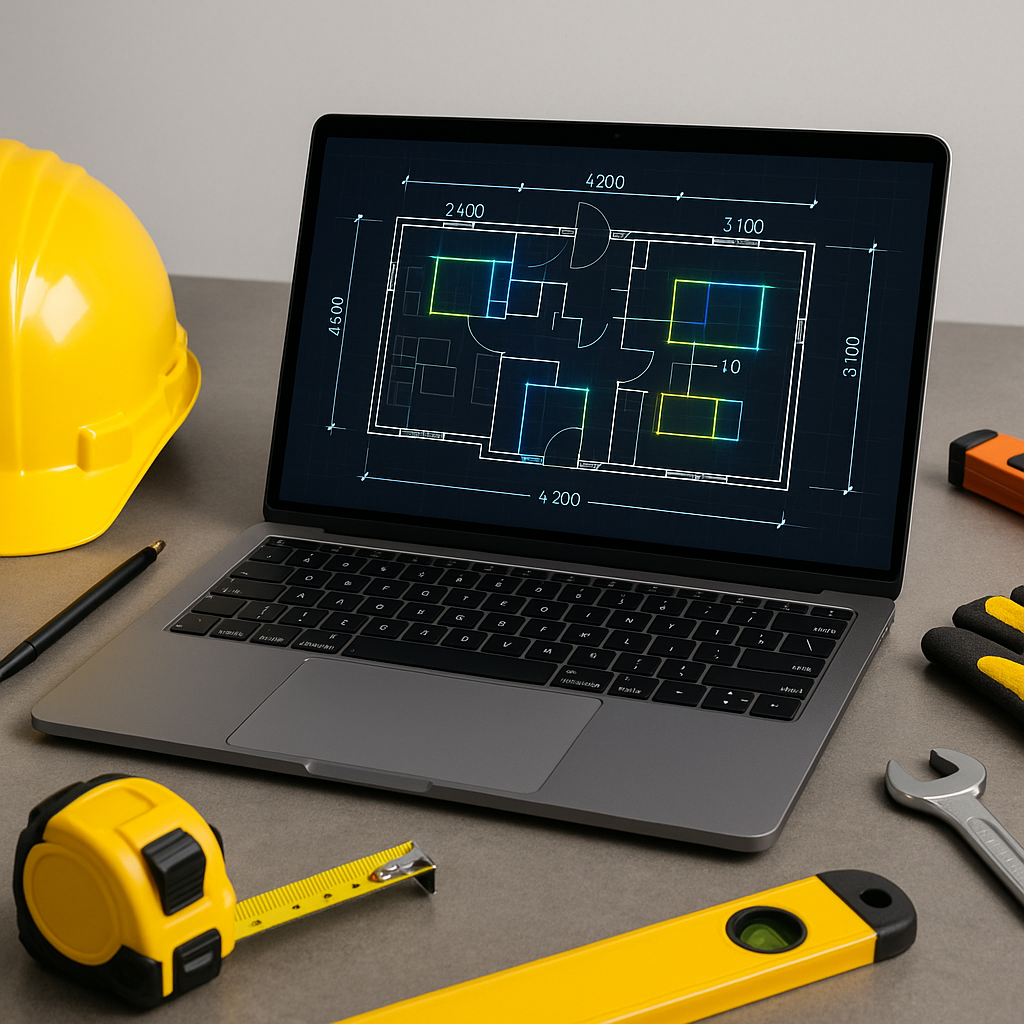 A sleek construction desk setup with a laptop showing a digital blueprint, annotated with AI-generated highlights and me...