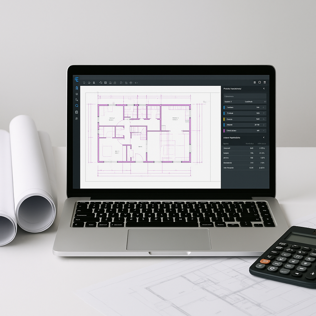 A construction estimator's desk with a laptop showing AI-powered takeoff software analyzing a PDF drawing, surrounded by...