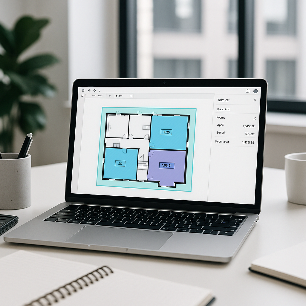 A modern construction estimator's desk with a laptop displaying an AI-powered takeoff software interface. The screen sho...