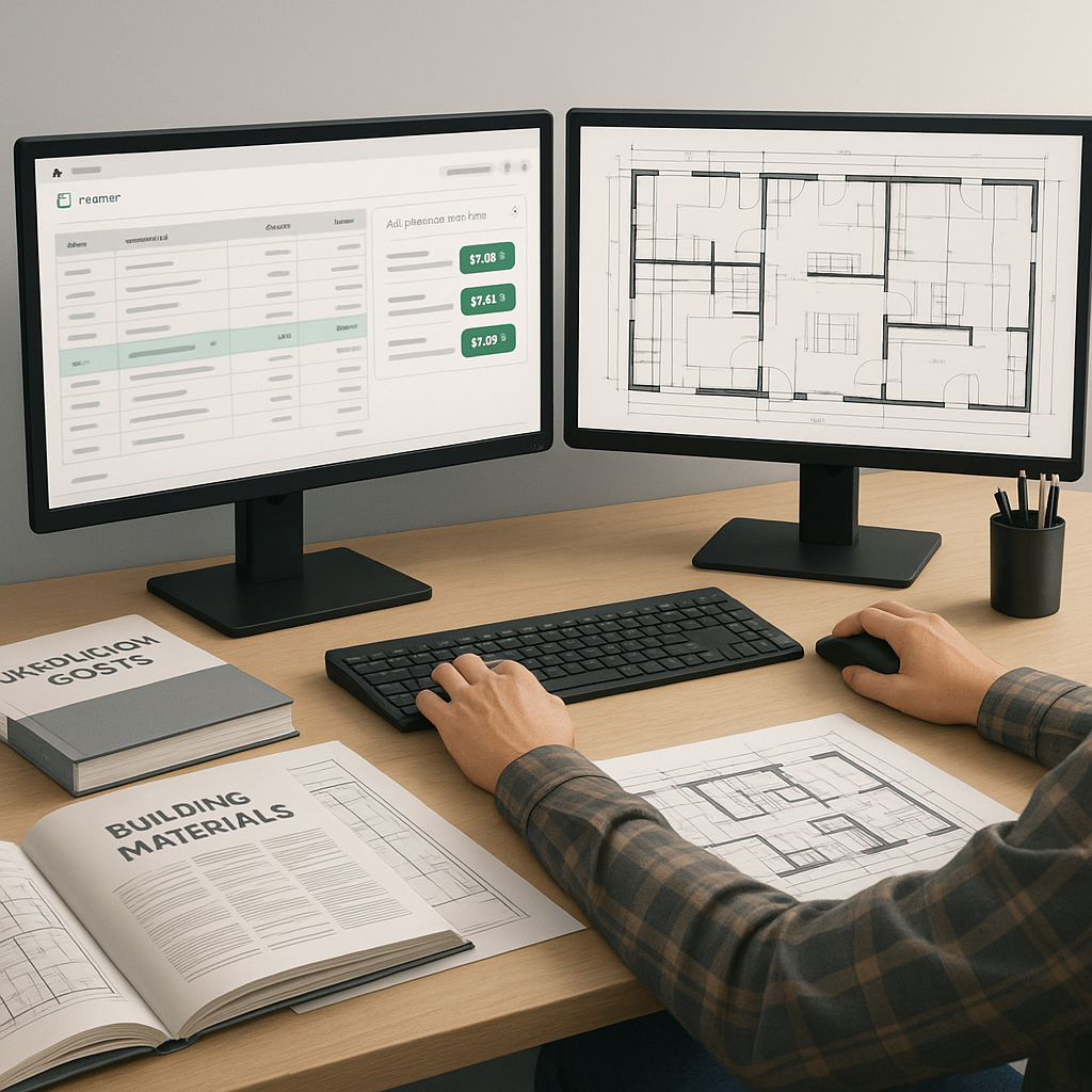 A realistic illustration showing a construction estimator’s desk with dual monitors displaying an AI-powered rate matchi...