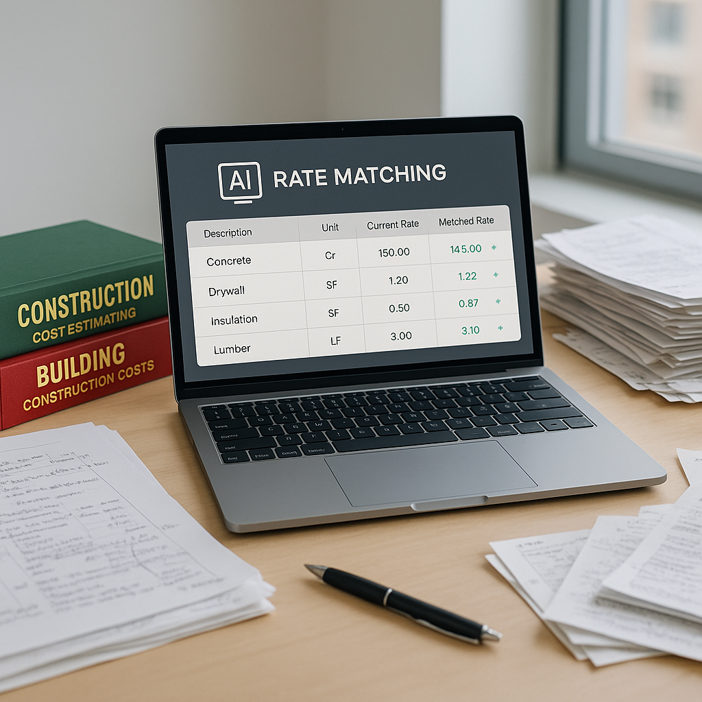 A modern construction estimator's desk with a laptop displaying a sleek AI-powered rate matching interface, surrounded b...
