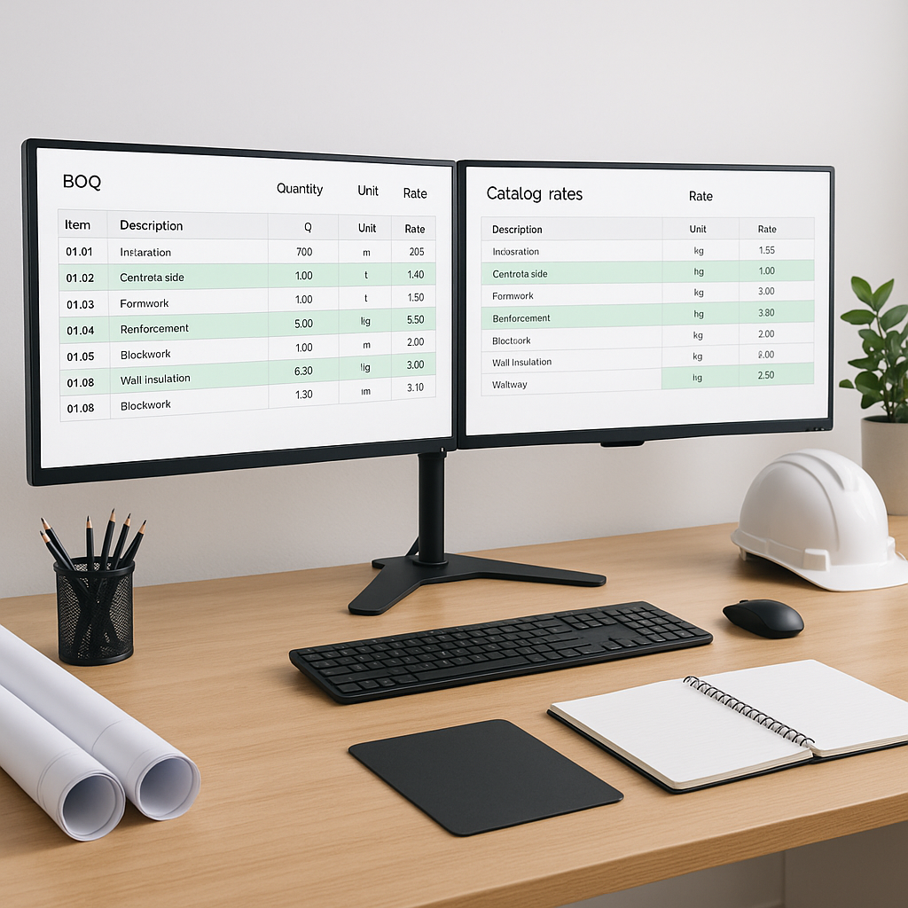 A modern construction estimator's desk with dual monitors displaying an AI-powered rate matching software interface, fea...