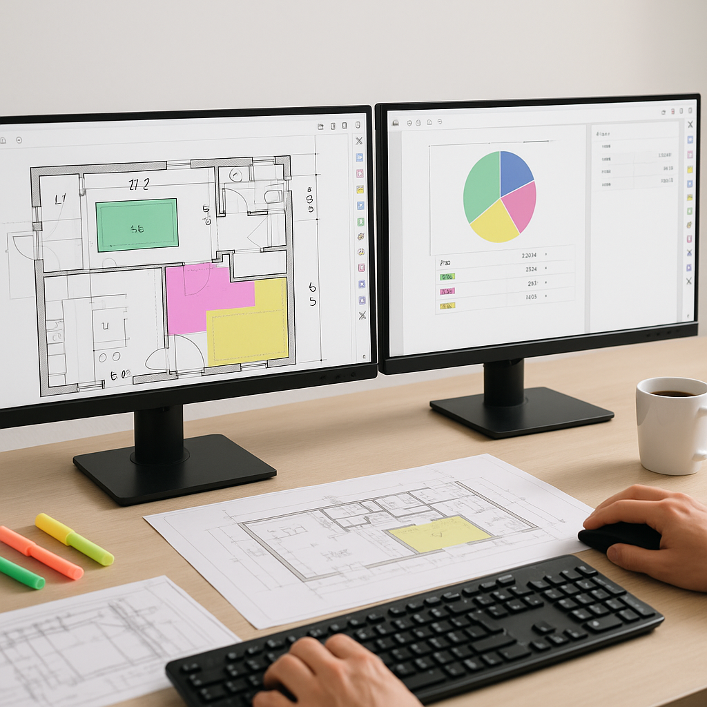 A construction estimator's desk with dual monitors showing an AI-powered takeoff tool analyzing a PDF drawing. Include h...