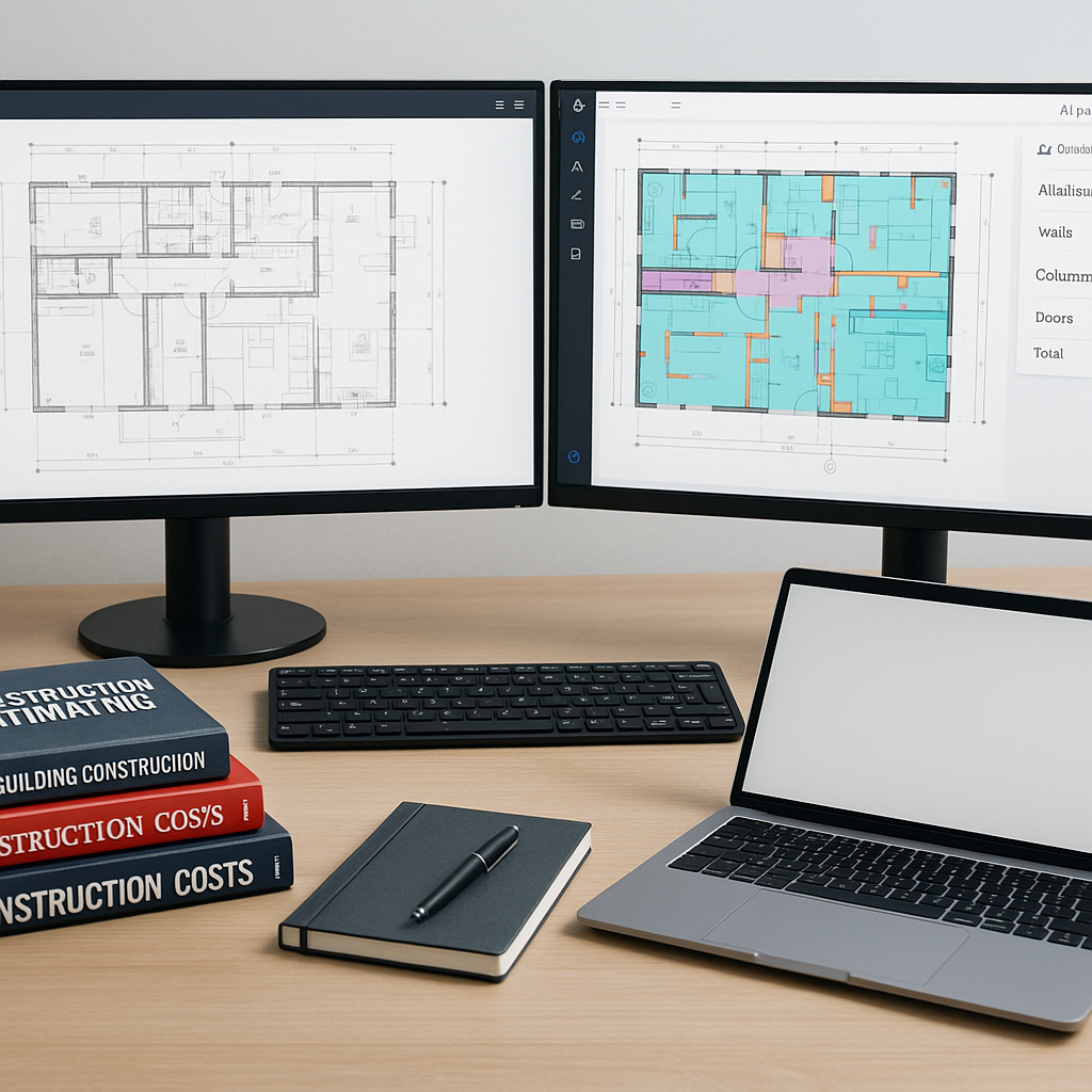 A construction estimator's desk with dual monitors showing an AI-powered takeoff tool analyzing a PDF drawing, surrounde...