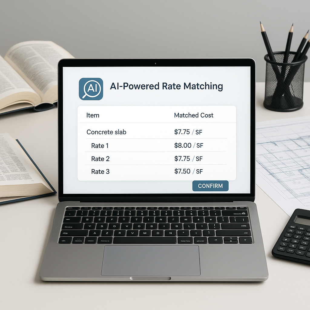 A modern construction estimator's desk with a laptop displaying an AI-powered rate matching interface. Background includ...