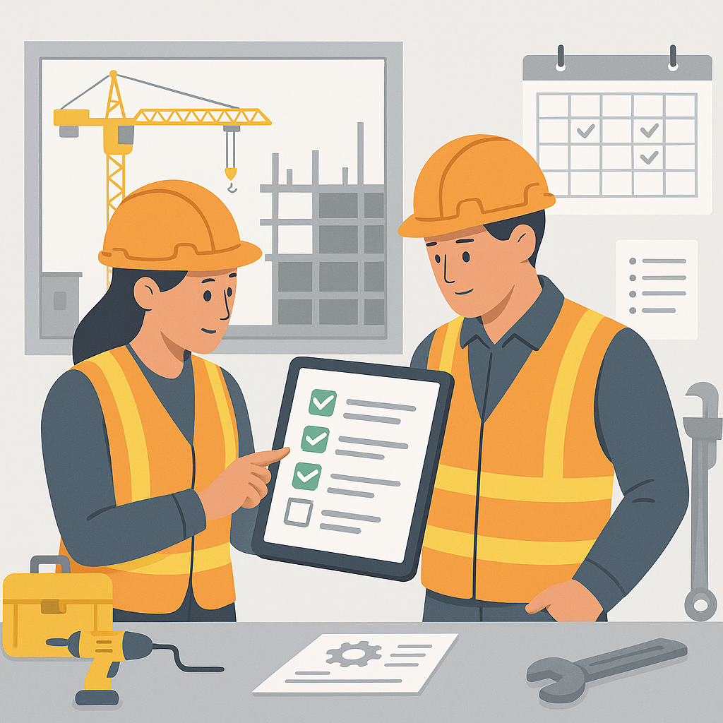An illustration of a construction site office with workers reviewing an SLA checklist on a tablet, surrounded by equipme...