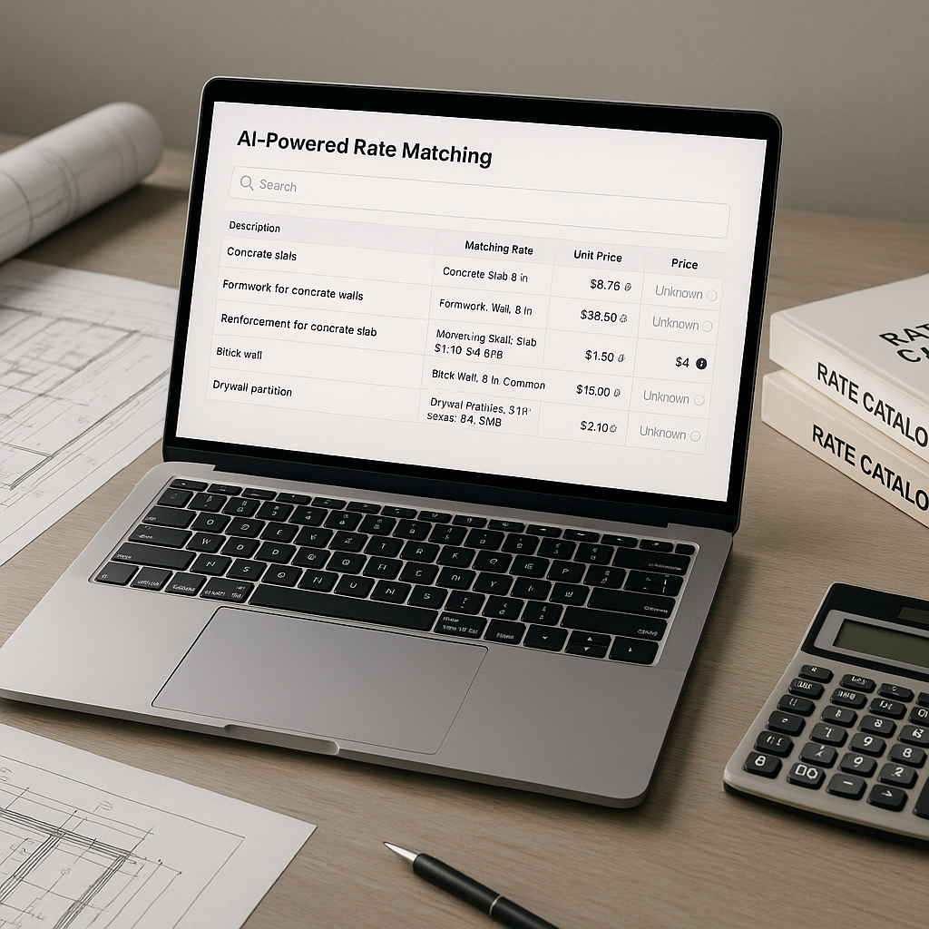 A realistic rendering of a construction estimator's desk with a laptop displaying an AI-powered rate matching interface,...