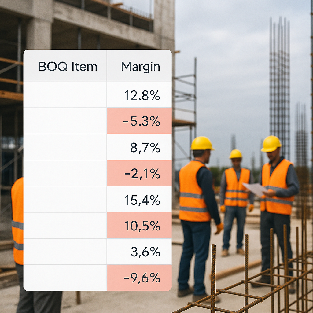 A construction site with a spreadsheet overlay showing BOQ margin tracking, highlighting negative margins in red cells,...