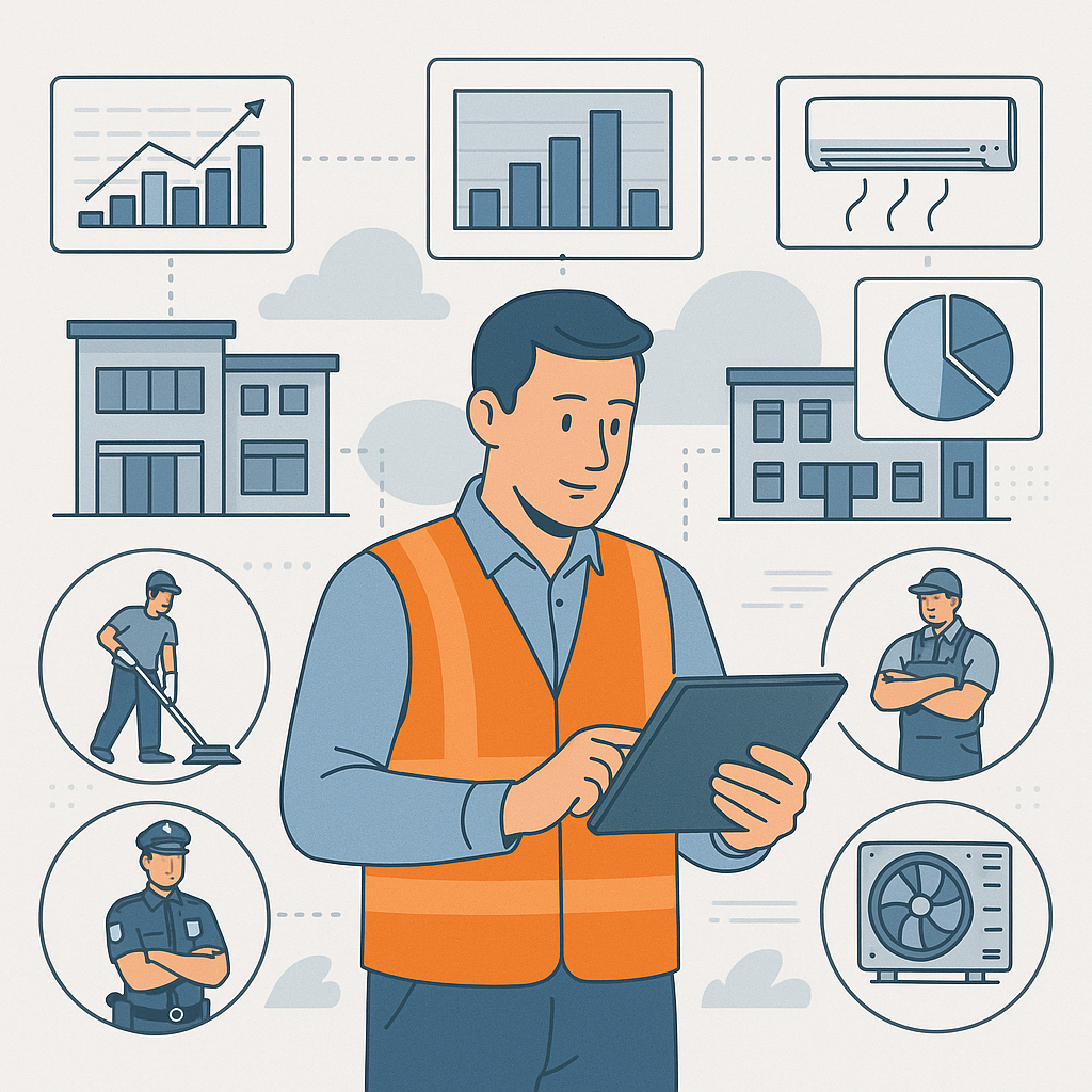 A detailed illustration of a contractor managing multi-site facility operations, showcasing elements like cleaning, secu...