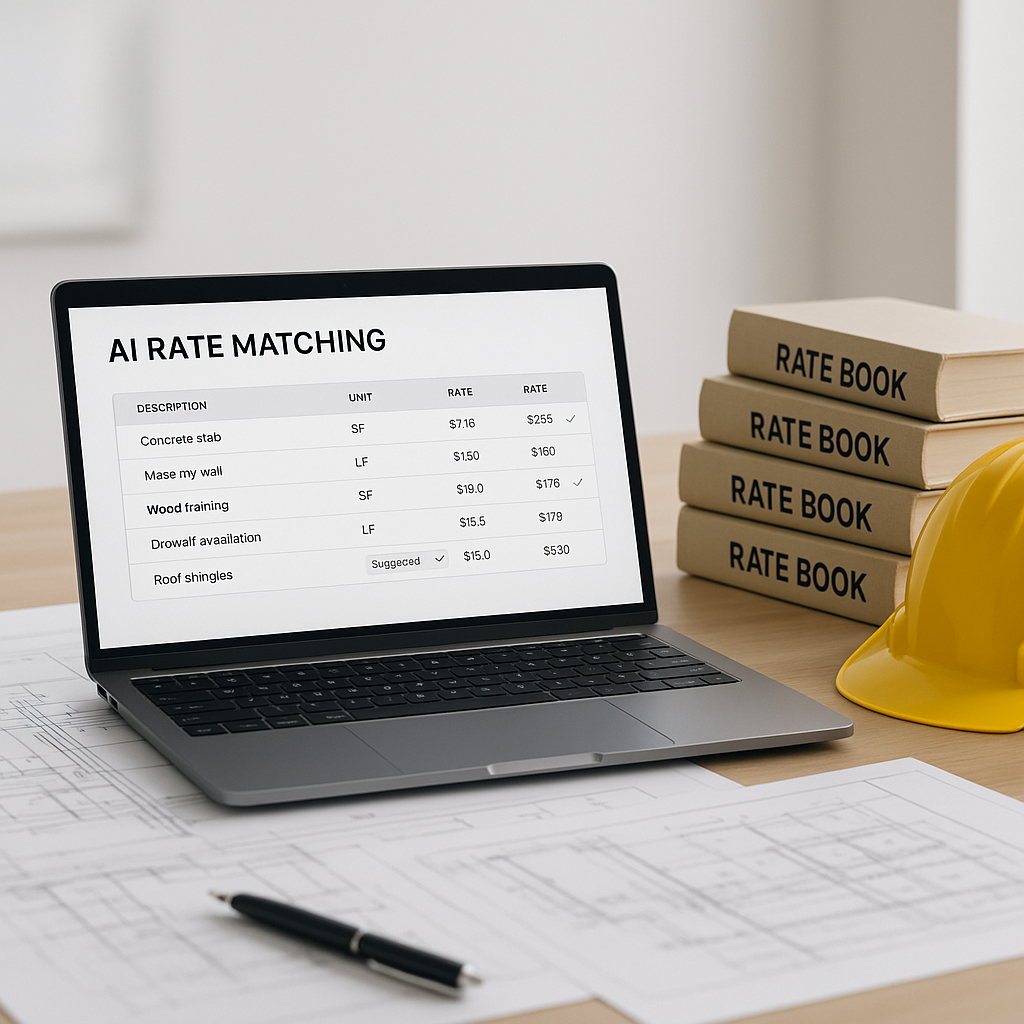 A laptop on a construction estimator's desk showing an AI-powered rate matching tool interface, with a stack of outdated...