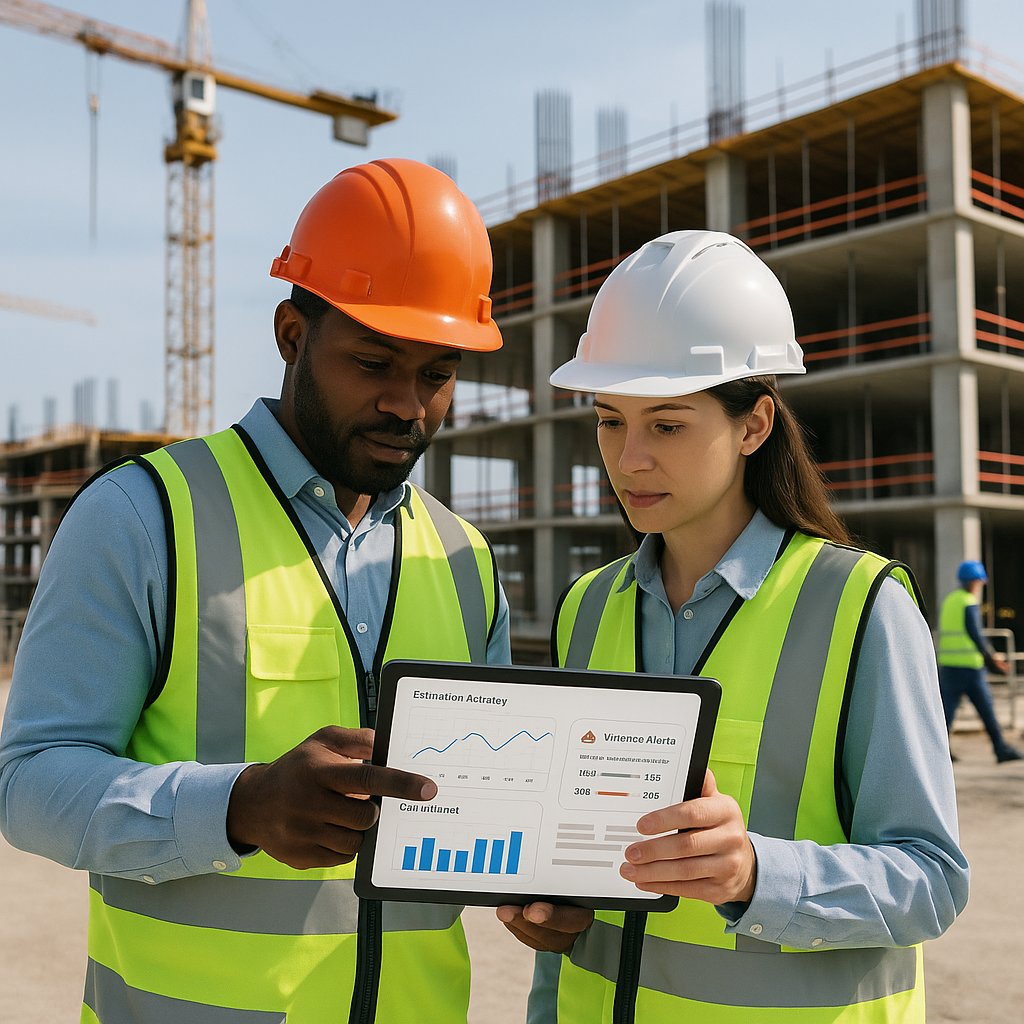 A modern construction site with workers reviewing a tablet showing a real-time estimation accuracy dashboard, featuring...