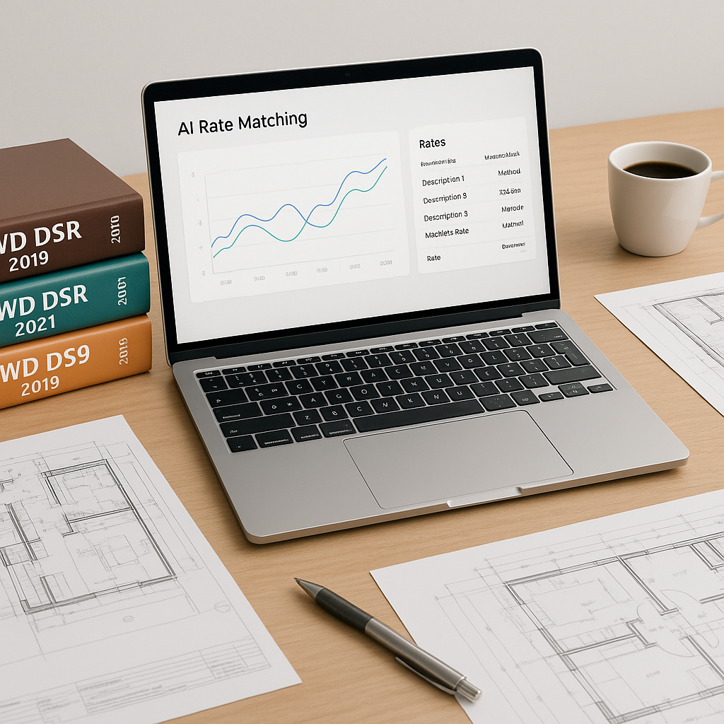A construction estimator’s desk with a laptop showing AI-powered rate matching software, surrounded by CPWD DSR books, d...
