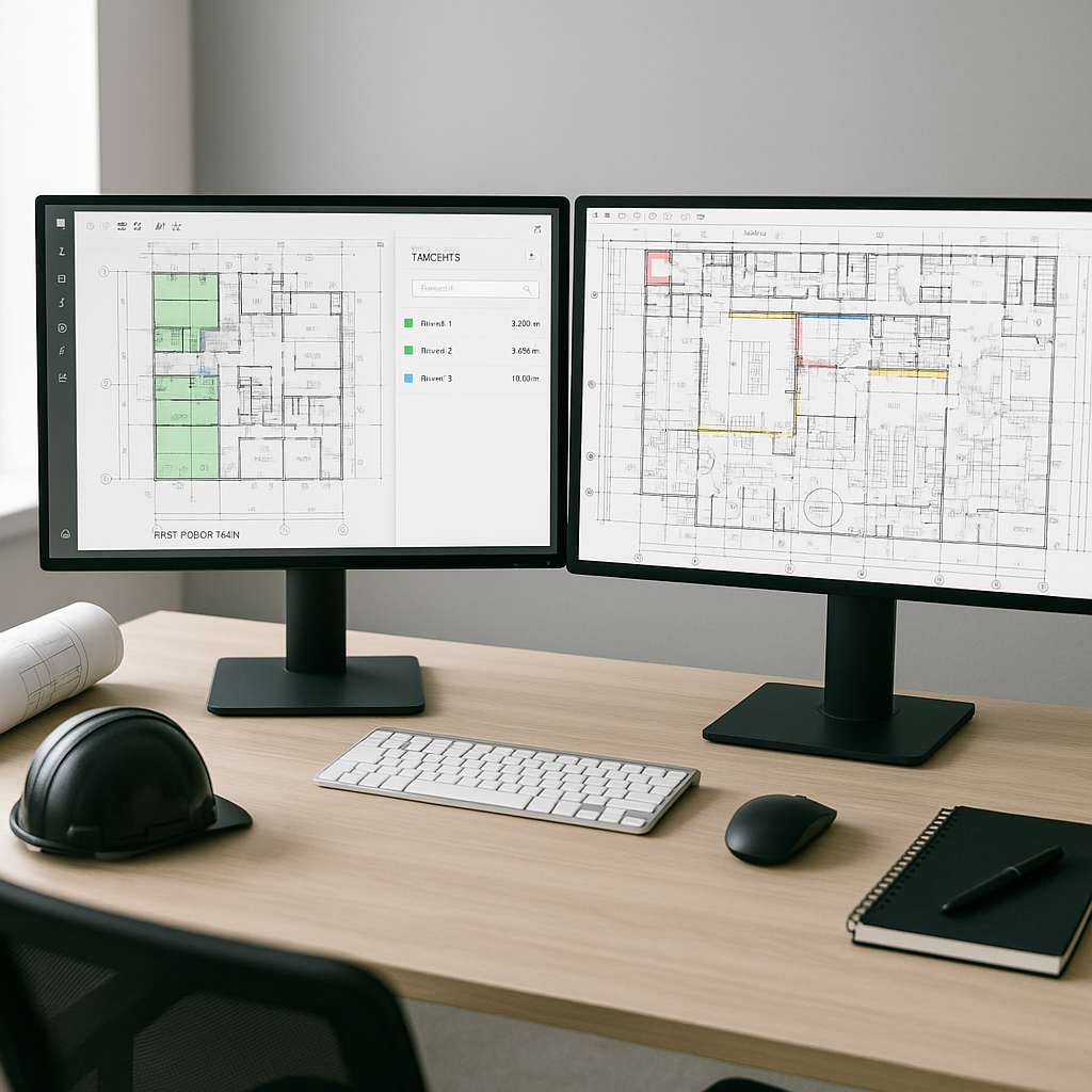 A construction estimator's desk with dual monitors showing AI-powered takeoff software analyzing a large PDF drawing set...